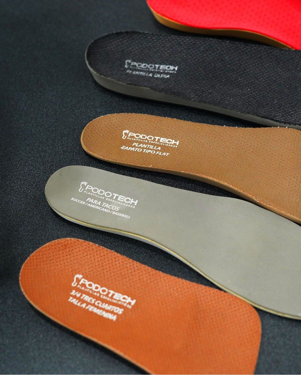 Cinco modelos de plantillas Podotech: Ultra, tipo flat, para tacos, tres cuartos y run