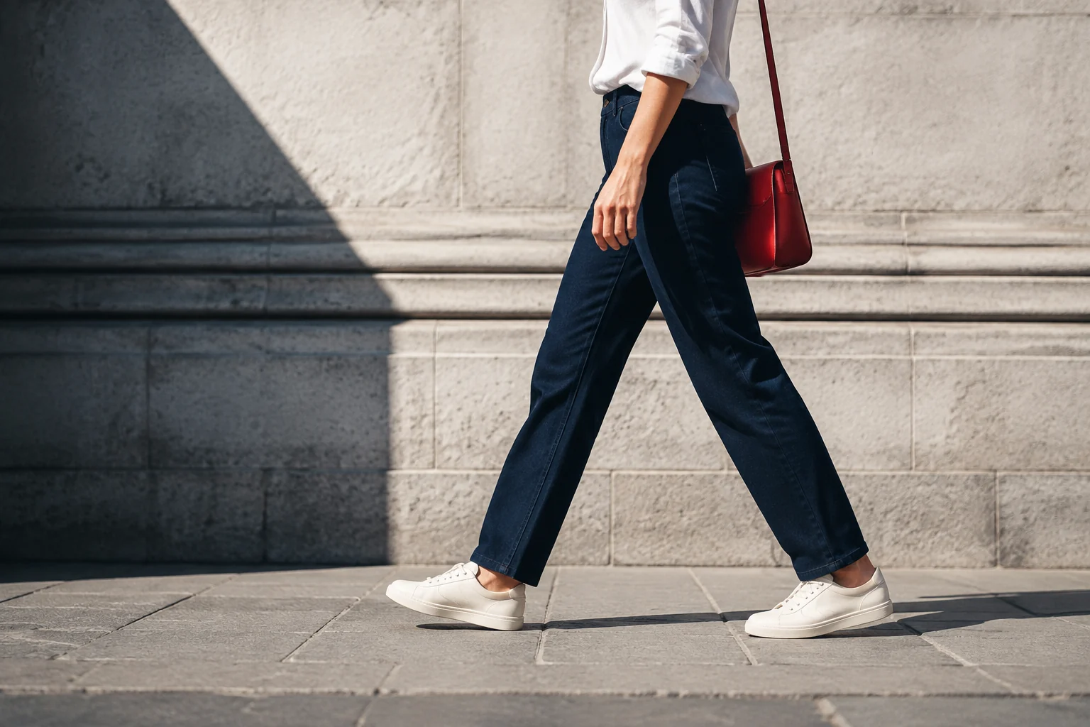 Una mujer camina con pantalón índigo y zapatillas claras junto a una pared de piedra